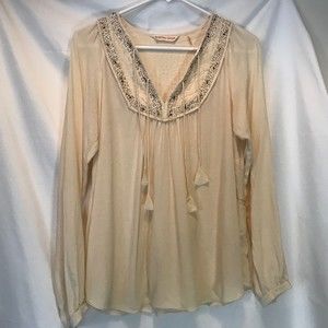 Rebecca Taylor Silk Tussled Beaded Cream Boho 100% silk blouse size 6